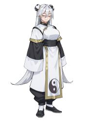 1girl absurdres bun_cover changpao china_dress chinese_clothes closed_eyes dress fighting fighting_stance highres kokoro_no_koibito kung_fu long_hair long_sleeves martial_arts original self-upload smile standing white_dress white_hair