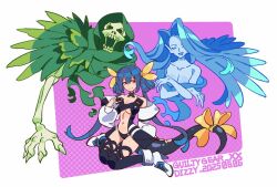 1girl 2girls asymmetrical_wings black_thighhighs blue_hair blue_wings breasts dizzy_(guilty_gear) full_body futa_yuri_ryona green_wings guilty_gear guilty_gear_xrd looking_at_viewer multiple_girls necro_(guilty_gear) skull smile tail thighhighs twintails undine_(guilty_gear) wings
