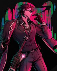 1boy 4indroid belt black_gloves black_hair black_shirt cigarette coat collared_shirt gloves hair_slicked_back highres holding holding_cigarette holding_coat holding_unworn_clothes limbus_company male_focus messy_hair meursault_(project_moon) project_moon red_coat saturated sheath sheathed shirt side-eyed smoke smoking solo sunglasses sword thumb_(identity)_(project_moon) unworn_coat weapon