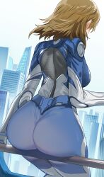 1girl absurdres against_railing ass ass_focus blonde_hair blue_bodysuit bodysuit breasts cityscape day fantastic_four from_behind hews hexagon_print highres large_breasts marvel marvel_rivals on_railing railing solo sue_storm superhero_costume tight_clothes two-tone_bodysuit white_bodysuit