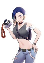 1girl bare_shoulders black_choker blue_hair bob_cut breasts brown_eyes camera choker collarbone crop_top denim eryx45 gradient_hair grey_shirt half-closed_eyes hand_on_own_hip hand_up highres holding holding_camera jeans leaning_forward loose_hair_strand medium_breasts midriff multicolored_hair nintendo pants perrin_(pokemon) pokemon pokemon_sv ribbed_shirt shirt short_hair sleeveless sleeveless_shirt undershirt v-neck watch white_nails wristwatch