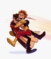 2boys black_footwear black_gloves black_hair bodysuit boots cape cierv-o-robot-o closed_eyes dc_comics dick_grayson domino_mask gloves goggles goggles_on_head highres hug kid_flash male_focus mask multiple_boys open_mouth red_gloves red_goggles red_hair robin_(dc) smile superhero_costume teeth wally_west white_background yellow_boots young_justice