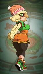 Rule 34 | 1girl, @ @, animated, arms (game), arms behind back, ass, ass expansion, blonde hair, blush, breast expansion, breasts, covered erect nipples, curvy, eye mask, female focus, from behind, full body, green eyes, hat, huge ass, huge breasts, jellot, leggings, looking at viewer, medium breasts, min min (arms), shoes, short hair, shorts, skindentation, sneakers, solo, tagme, thick thighs, thighs, torn clothes, video, wide hips