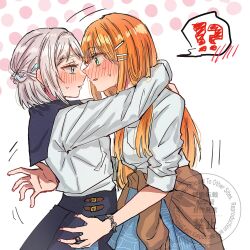Rule 34 | !?, 2girls, arms around neck, black skirt, blue eyes, blue ribbon, blue skirt, blush, braid, clothes around waist, commentary request, eye contact, gakuen idolmaster, green eyes, hair ribbon, half up braid, highres, idolmaster, katsuragi lilja, long hair, long sleeves, looking at another, multiple girls, orange hair, ribbon, ribbon braid, school uniform, shirt, shiun sumika, short hair, skirt, sleeves rolled up, spoken interrobang, sweater, sweater around waist, watermark, white hair, white shirt, yashiromiya inori, yuri