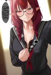 1girl aqua_eyes black-framed_eyewear black_bra black_horse black_sailor_collar black_serafuku black_skirt bloom_(irys) blurry blurry_background bra braid breasts closed_mouth clothes_lift collarbone commentary english_text flower glasses gloom_(irys) hair_flower hair_ornament hashtag-only_commentary highres hololive hololive_english irys_(gaming_casual)_(hololive) irys_(hololive) large_breasts long_hair long_sleeves looking_at_viewer multicolored_hair necktie pink_eyes pointy_ears red_hair red_necktie round_eyewear sailor_collar school_uniform serafuku shirt_lift si_farid skirt smile solo streaked_hair twin_braids two-tone_hair underwear virtual_youtuber
