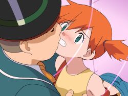 1boy 1girl aqua_shorts arched_back blush clenched_teeth eyelashes green_eyes hair_between_eyes hat hetero highres hitsugi_mc hypnosis jacket melvin_(pokemon) mind_control misty_(pokemon) nintendo no_pupils orange_hair pokemon pokemon_(anime) pokemon_(classic_anime) purple_background shirt shorts side_ponytail sleeveless sleeveless_shirt suspenders suspenders_slip teeth top_hat yellow_shirt