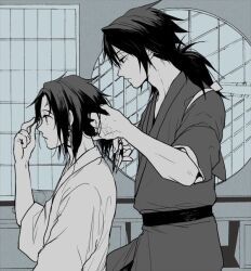 Rule 34 | 2boys, belt, black belt, cutting hair, earrings, hair between eyes, hanafuda earrings, hand in another&#039;s hair, hand in own hair, holding, holding scissors, japanese clothes, jewelry, kamado tanjirou, kimetsu no yaiba, long hair, low ponytail, male focus, multiple boys, parted bangs, ponytail, profile, scar, scar on face, scar on forehead, scissors, sinba (ying-hua), tomioka giyuu, upper body