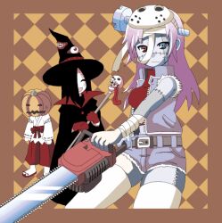 3girls :d :| ^_^ argyle_background artist_request bandaged_arm bandaged_head bandages belt belt_buckle black_hair black_hat blue_eyes blue_shorts blue_vest bow breasts buckle chainsaw check_artist closed_eyes closed_mouth crop_top cutoffs futaba_channel gloves grey_belt hair_over_one_eye hakama hakama_pants halloween harai hat heterochromia hockey_mask holding holding_chainsaw holding_staff jack-o&#039;-lantern japanese_clothes kaitai_(nijiura_maids) kimono living_clothes long_hair looking_at_viewer mask mask_on_head medium_breasts miko mukai_keiichirou multiple_girls nijiura_maids object_through_head open_clothes open_mouth open_vest ozoi pants patchwork_skin pumpkin pumpkin_on_head purple_hair red_bow red_eyes red_gloves red_hakama red_sash red_shirt ribbon-trimmed_sleeves ribbon_trim sandals sash sash_bow screw_in_head shirt shorts skull smile staff standing stitched_arm stitched_face stitched_leg stitches tabi thighhighs third-party_source unzipped vest white_kimono white_thighhighs witch_hat zipper zombie zouri
