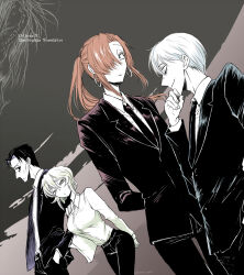 Rule 34 | 2boys, 2girls, arms behind back, asama hirotaka, bag, black hair, blonde hair, business casual, business suit, collared shirt, copyright name, earrings, formal clothes, freckles, grey sky, hair over one eye, hand on own chin, handbag, hands in pockets, highres, hino aoyoshi, hoop earrings, horror (theme), inubousaki shioi, jewelry, multiple boys, multiple girls, necktie, nikubami honegishimi, red hair, runarica0914, sanda tsurugi, shirt, sideways glance, sky, smug, suit, white hair, white shirt