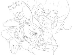 1boy 1girl all_fours animal_ear_hairband animal_ears ass bare_shoulders blush bone_hair_ornament bottomless commentary cum cum_on_ass cum_on_body dress english_text eyebrows_hidden_by_hair fake_animal_ears fang_guu frills gloves hair_between_eyes hair_bun hair_ornament hairband heart heart_hair_ornament implied_sex indie_virtual_youtuber lineart long_hair looking_back monochrome off-shoulder_dress off_shoulder rabbit_ear_hairband rabbit_ears rabbit_tail ribbon sidelocks simple_background smile sweatdrop symbol-only_commentary tail thernz thighhighs top-down_bottom-up white_background