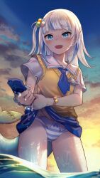 1girl blue_eyes blue_nails blue_necktie blue_skirt blue_sky blunt_bangs blush bow bow_panties bracelet cloud commentary dawn english_commentary fingernails fins fish_tail gawr_gura gawr_gura_(school_uniform) gradient_sky hair_bobbles hair_ornament highres hikimayu hololive hololive_english jewelry long_hair looking_at_viewer mixed-language_commentary multicolored_hair nail_polish name_tag necktie official_alternate_costume open_mouth orange_sky outdoors panties school_uniform shark_girl shark_hair_ornament shark_tail sharp_teeth shirt short_necktie short_sleeves side_ponytail skirt sky smile solo sparkle streaked_hair striped_clothes striped_panties supa_9_rou tail teeth underwear vest virtual_youtuber wading water wet wet_clothes wet_skirt white_hair white_shirt wringing_clothes wringing_skirt yellow_vest