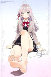 1girl alisa_mikhailovna_kujou barefoot blue_eyes blush feet foot_focus grey_hair highres long_hair looking_at_viewer official_art single_thighhigh socks soles sydus thighhighs third-party_edit toes tokidoki_bosotto_roshia-go_de_dereru_tonari_no_alya-san unworn_socks white_thighhighs