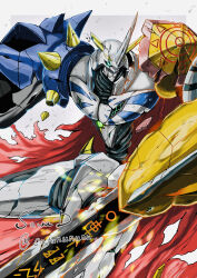 Rule 34 | absurdres, arm blade, arm cannon, armor, border, brown background, cape, cowboy shot, digimon, digimon (creature), green eyes, highres, horns, mecha, omegamon, red cape, robot, sawa d, shoulder armor, simple background, solo, sword, torn cape, torn clothes, weapon, white armor, white border