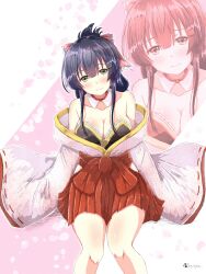 1girl artist_name bare_shoulders black_bra blush bow bra breasts cleavage closed_mouth collarbone commentary_request detached_collar folded_ponytail green_eyes hair_bow hakama hakama_skirt head_tilt highres japanese_clothes kimono large_breasts long_sleeves looking_at_viewer off_shoulder pink_bow purple_hair red_hakama satya sitting skirt sleeves_past_fingers sleeves_past_wrists smile toji_no_miko underwear voice_actor_connection waki_azumi white_kimono wide_sleeves yanase_mai zoom_layer