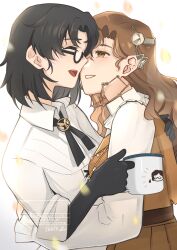 2girls absurdres arm_around_waist artist_name black_gloves black_hair braces brown_eyes closed_mouth collared_dress cross_tie cup dress face-to-face from_side glasses gloves grin heads_together highres holding holding_cup hug imminent_kiss long_hair looking_at_another medium_hair mug multiple_girls profile ratanan red_dress reverse:1999 sleeveless sleeveless_dress smile tooth_fairy_(reverse:1999) upper_body watermark white_background white_dress yuri z_(reverse:1999)