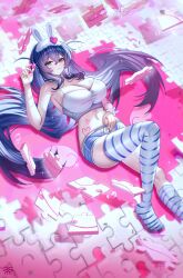 1girl :3 absurdres alternate_costume animal_ears azur_lane bare_arms bare_shoulders blue_eyes blue_hair blue_shorts blush breasts cleavage closed_mouth fake_animal_ears full_body highres holding large_breasts long_hair lying navel new_jersey_(azur_lane) on_back puzzle puzzle_piece rabbit_ears shirt short_shorts shorts sleeveless sleeveless_shirt smile solo stomach striped_clothes striped_thighhighs tansuan_(ensj3875) thighhighs thighs white_shirt