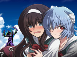 1boy 1girl ayanami_rei bandages black_hair blue_hair blue_sky bow bowtie cloud crossdressing dress_shirt eva_00 eyepatch fujitaka_nasu grey_eyes hairband ikari_shinji long_hair looking_at_viewer mecha neon_genesis_evangelion red_bow red_bowtie red_eyes robot school_uniform shirt short_hair sky suspenders tears upper_body white_hairband white_shirt