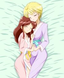 1990s_(style) 2girls blonde_hair brown_hair closed_eyes fushigi_yuugi holding_hands highres hongou_yui kinfuji long_hair multiple_girls robe short_hair sleeping yuuki_miaka