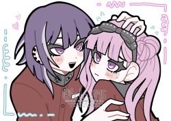 1boy 1girl blush brother_and_sister closed_mouth ear_piercing earrings hair_between_eyes hand_on_another&#039;s_head jewelry long_hair matching_hair/eyes open_mouth piercing pink_eyes pink_hair purple_hair red_shirt shirt siblings sweat sweatdrop the_hundred_line_-last_defense_academy- tsukumo_ima tsukumo_kako twins twintails