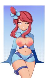 Rule 34 | 1girl, blinking, blue eyes, blue gloves, blue shorts, breasts, breasts out, clothes lift, clothing aside, crop top, cropped shirt, feet out of frame, flower ornament, gloves, heart, heart-shaped pupils, highres, large areolae, large breasts, linefee23, long sleeves, midriff, nintendo, nipples, no bra, one eye closed, pants, pilot, pilot suit, pokemon, pokemon bw, short shorts, shorts, skyla (pokemon), symbol-shaped pupils