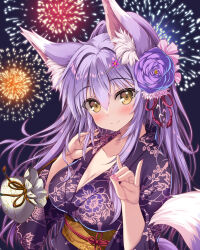 Rule 34 | 1girl, aerial fireworks, animal ear fluff, animal ears, blush, breasts, cleavage, closed mouth, collarbone, commentary request, fireworks, flower, fox ears, fox girl, fox tail, hair between eyes, hair flower, hair ornament, highres, japanese clothes, kimono, large breasts, long hair, long sleeves, looking at viewer, night, night sky, original, purple hair, shiori (tateha), sky, smile, solo, tail, tateha (marvelous grace), upper body, yellow eyes, yukata