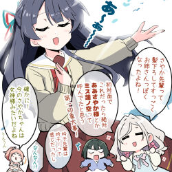 4girls :d =_= ^^^ blank_eyes blue_cardigan blue_hair blue_ribbon blue_shirt blush blush_stickers bow brown_cardigan brown_dress brown_jacket cardigan ceras_yanagida_lilienfeld ceras_yanagida_lilienfeld_(summer_loungewear) closed_eyes commentary crossed_arms deformed dress dress_bow dress_ribbon grey_hair hair_intakes hair_ornament hair_ribbon half_updo hasu_no_sora_school_uniform hinoshita_kaho hinoshita_kaho_(summer_loungewear) hood hooded_jacket jacket link!_like!_love_live! long_hair long_sleeves love_live! mole mole_on_neck momose_ginko momose_ginko_(summer_loungewear) multiple_girls murano_sayaka music navyblue_konjac neckerchief official_alternate_costume open_clothes open_jacket open_mouth outstretched_arm pink_bow pink_ribbon pleated_dress ponytail rabbit_hair_ornament red_neckerchief red_ribbon ribbon sailor_collar sailor_dress school_uniform shirt short_hair short_ponytail sidelocks singing sleeveless sleeveless_dress smile speech_bubble swept_bangs translation_request u_u v-shaped_eyebrows virtual_youtuber white_dress white_jacket white_sailor_collar winter_uniform