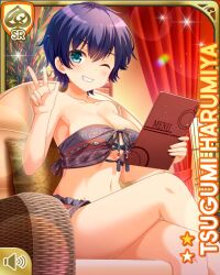1girl aqua_eyes black_bra blank_panties blue_hair bra breasts card_(medium) character_name clenched_teeth closed_mouth day girlfriend_(kari) green_eyes harumiya_tsugumi indoors looking_at_viewer midriff navel official_art one_eye_closed qp:flapper short_hair sitting smile spa tagme tan teeth tomboy underwear wink