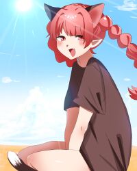 1girl alternate_costume animal_ears black_shirt blue_sky braid casual cat_ears cat_girl cat_tail cloud extra_ears fang hair_intakes highres kaenbyou_rin kashiwara_mana long_hair looking_at_viewer open_mouth outdoors pointy_ears red_hair shirt short_sleeves side_braids sky solo sun tail touhou twin_braids