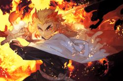 1boy belt black_background blonde_hair breath_weapon breathing_fire cape fire flaming_sword flaming_weapon forked_eyebrows glowing glowing_eyes holding holding_sword holding_weapon katana kimetsu_no_yaiba lack male_focus rengoku_kyoujurou sheath solo sword thick_eyebrows weapon