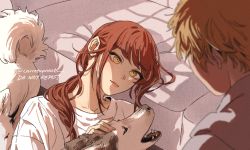 1boy 1girl blonde_hair carrotsprout chainsaw_man couch denji_(chainsaw_man) dog dog_tail facing_away hand_on_animal highres husky looking_at_another makima_(chainsaw_man) petting red_hair ringed_eyes tail twitter_username white_dog yellow_eyes