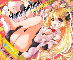 1girl ass avarangers bare_legs barefoot black_horns blonde_hair bow bowtie cake cake_slice copyright_name dated detached_sleeves dress eyelashes feet food foot_out_of_frame fork fur-trimmed_dress fur_trim hair_ornament hairclip happy_birthday holding holding_fork hololive horns knees_together_feet_apart legs long_hair looking_at_viewer open_mouth panties purple_eyes red_bow red_bowtie sheep_girl sheep_horns short_dress signature soles solo toenails toes tsunomaki_watame underwear very_long_hair virtual_youtuber white_dress