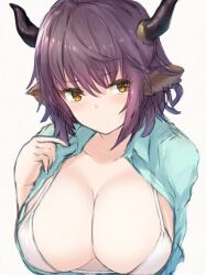 1girl animal_ears arknights bra breasts cleavage closed_mouth collarbone commentary cow_ears cow_girl cow_horns highres horns kousi_sirazawa large_breasts looking_at_viewer open_clothes open_shirt purple_hair sideroca_(arknights) solo underwear upper_body white_background white_bra yellow_eyes