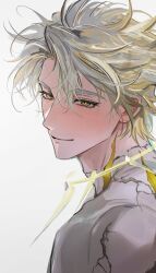 1boy absurdres alternate_form blonde_hair blush commentary cracked_skin english_commentary from_behind hair_between_eyes highres honkai:_star_rail honkai_(series) hwan_(mob_hwan) looking_at_viewer looking_back male_focus parted_bangs phainon_(honkai:_star_rail) short_hair simple_background solo white_background yellow_blood yellow_eyes