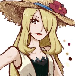 1girl :d bare_shoulders blonde_hair brown_hat cynthia_(pokemon) cynthia_(summer_2025)_(pokemon) flower fogo_45 hair_over_one_eye hat hat_flower highres long_hair looking_at_viewer nintendo official_alternate_costume open_mouth pokemon pokemon_masters_ex red_flower smile solo sun_hat upper_body white_background