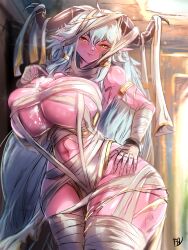 abs artist_request blood blush breasts colored_skin demon_queen_lilith gold guardian_tales hand_on_own_hip horns huge_breasts long_hair nails navel orange_eyes pink_skin pointy_ears smile suggestive_fluid white_hair