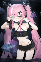 1girl absurdres alternate_costume arm_garter armpits arms_up azur_lane bare_shoulders bikini bikini_skirt black_bikini black_choker choker criss-cross_halter double_v embarrassed eyepatch fish flat_chest hair_ornament halterneck highres long_hair looking_at_viewer multicolored_hair navel pink_hair romana standing stomach streaked_hair string_bikini swimsuit thighs twintails two-tone_hair v very_long_hair wading water wavy_mouth yellow_eyes z47_(azur_lane)