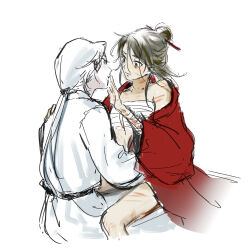 1boy 1girl bags_under_eyes bai_lingmiao bandaged_arm bandaged_chest bandages bare_shoulders black_eyes black_hair blood blood_on_arm bloody_bandages blush breasts chest_sarashi chinese_clothes chinese_commentary closed_mouth coat coat_partially_removed cuts dao_gui_yi_xian eye_contact genderswap genderswap_(ftm) genderswap_(mtf) hair_bun hair_ornament hair_stick half_updo hand_up hanfu hetero injury li_huowang long_hair long_sleeves looking_at_another low_ponytail naked_coat off_shoulder open_clothes open_coat partially_undressed pink_eyes ponytail red_coat robe sarashi scar simple_background single_hair_bun single_thighhigh sitting sitting_on_lap sitting_on_person sketch small_breasts straddling thighhighs white_background white_hair white_hanfu zhen_jun_mu_zhuo