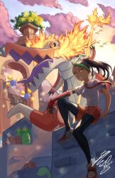 1girl arm_support black_pantyhose building cloud collared_shirt commentary_request creatures_(company) dated day fingerless_gloves game_freak gen_2_pokemon gloves green_hair highres jumpluff maushold maushold_(family_of_three) mochachiiino multicolored_hair necktie nemona_(pokemon) nintendo orange_eyes orange_necktie orange_shorts outdoors pantyhose pokemon pokemon_(creature) pokemon_sv ponytail red_gloves shirt shoes short_sleeves shorts signature single_glove sitting skeledirge sky smile smoliv sneakers two-tone_hair window