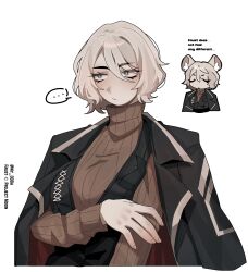 Rule 34 | 1girl, absurdres, black coat, black vest, blue eyes, breasts, brown sweater, closed mouth, coat, coat on shoulders, cowboy shot, english text, faust (project moon), highres, lapels, large breasts, limbus company, multiple views, notched lapels, ny 000a, project moon, ribbed sweater, short hair, simple background, sweater, turtleneck, turtleneck sweater, vest, white background, white hair