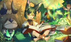 1boy :3 :d animal_ears aranara_(genshin_impact) barefoot bird black_gloves black_hair black_shirt blue_shorts book buffalo commentary crystalfly_(genshin_impact) earrings fern fox_ears fox_tail genshin_impact gloves green_eyes green_hair highres holding holding_book horns jewelry kotatsu_kaya layered_sleeves leaf leg_wrap long_sleeves male_focus multicolored_hair mushroom necklace open_mouth orange_gloves puffy_short_sleeves puffy_sleeves shirt short_over_long_sleeves short_sleeves shorts single_earring smile sparkle streaked_hair sumpter_beast_(genshin_impact) tail tighnari_(genshin_impact) white_shirt
