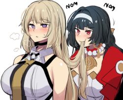 Rule 34 | 2girls, :t, alternate hair length, alternate hairstyle, astra yao, black hair, blonde hair, breasts, eating hair, evelyn chevalier, hairband, highres, hinghoi, large breasts, long hair, multiple girls, necktie, purple eyes, red eyes, shirt, simple background, sleeveless, sleeveless shirt, smile, upper body, very long hair, white background, white hairband, white shirt, yellow necktie, zenless zone zero