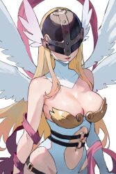 1girl angel angel_girl angewomon blonde_hair breasts cleavage clothing_cutout curvy detached_collar digimon digimon_(creature) digimon_adventure head_wings highres large_breasts leotard long_hair mask medium_breasts metal_bra multiple_wings navel_cutout red_lips shiny_skin very_long_hair white_background wide_hips wings y_uunaa