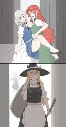 Rule 34 | 4girls, absurdres, apron, bag, between legs, black dress, black hat, black skirt, black vest, blonde hair, blue dress, blue eyes, blush, broom, caught, closed mouth, commentary, dress, english commentary, green dress, hat, highres, holding, holding broom, hong meiling, izayoi sakuya, kirisame marisa, koakuma, leg lock, long hair, maid headdress, mata (matasoup), multiple girls, open mouth, red eyes, red hair, skirt, socks, touhou, vest, walk-in, white apron, white hair, white socks, witch hat, yellow eyes, yuri