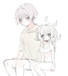 1boy 1girl adam&#039;s_apple alternate_costume arms_at_sides blunt_ends blush closed_mouth collarbone contemporary covered_navel cross-shaped_pupils expressionless eyelashes eyeliner eyeshadow frilled_one-piece_swimsuit frills genshin_impact hair_ornament half_crown_braid happy height_difference highres hirarinoie hood hood_down hoodie leaf leaf_hair_ornament long_hair looking_at_another looking_to_the_side makeup musical_note nahida_(genshin_impact) one-piece_swimsuit open_mouth pointy_ears red_eyeliner red_eyeshadow scaramouche_(genshin_impact) sepia short_sleeves shorts side_ponytail sidelocks sitting sketch swimsuit symbol-shaped_pupils tareme tsurime wispy_bangs