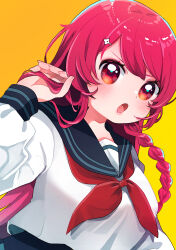 1girl absurdres arataka_mimi black_sailor_collar blush braid breasts cmyk:_sameda_kazuou_wa_chuunibyou_ga_naosenai commentary_request dutch_angle hair_ornament hairclip hand_in_own_hair hand_up highres large_breasts long_hair long_sleeves looking_at_viewer open_mouth oyasumi_makura red_eyes red_hair sailor_collar school_uniform serafuku shirt side_braid simple_background solo textless_version upper_body v-shaped_eyebrows white_shirt yellow_background