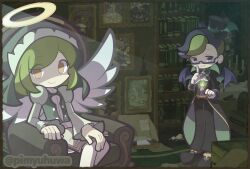 1boy 1girl angel arm_rest armchair asymmetrical_hair black_coat black_hair black_wings book book_on_lap book_stack bookshelf butler candelabra candle candlelight candlestand chair closed_mouth coat deformed dress eyes_visible_through_hair finger_to_mouth fire gasper_(puyopuyo) glasses green_fire green_hair green_veil green_vest halo hand_on_lap hand_up hat indoors juliet_sleeves lensless_glasses light_smile long_sleeves looking_at_viewer looking_to_the_side medium_hair mini_hat multicolored_hair muted_color mystical_high_collar official_alternate_costume official_style on_chair picture_frame pimyuhuwa puffy_sleeves purple_eyes puyopuyo puyopuyo_quest roco_(puyopuyo) short_hair shushing side_part sidecut sideways_glance teeth top_hat two-tone_hair undercut veil vest white_dress white_wings winged_hat wings yellow_eyes