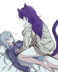 Rule 34 | 2girls, ?, ??, animal ears, asahina mafuyu, blue shorts, blush, cat ears, cat girl, closed mouth, commentary, grey eyes, grey hair, hashtag-only commentary, highres, jacket, kemonomimi mode, long hair, long sleeves, multiple girls, project sekai, purple hair, purple jacket, shin he9, shirt, shorts, simple background, straddling, strap slip, sweat, white background, yellow shirt, yoisaki kanade, yuri