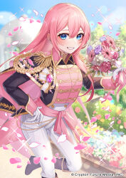 Rule 34 | 1girl, aiguillette, black boots, black coat, blue eyes, blurry, blurry background, blush, boots, bouquet, coat, copyright notice, epaulettes, falling petals, flower, gem, gloves, highres, holding, holding bouquet, long hair, megurine luka, military uniform, official art, open clothes, open coat, pants, peta (snc7), petals, pink flower, pink hair, pink petals, purple flower, purple gemstone, smile, solo, vocaloid, white gloves, white pants