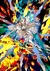 Rule 34 | 1girl, aqua bow, arm up, asymmetrical footwear, asymmetrical legwear, blonde hair, blue eyes, boots, bow, breasts, colorful background, ereshkigal (fate), fate/grand order, fate (series), floating hair, frilled skirt, frills, full body, game cg, gloves, green boots, green pantyhose, grey gloves, hair bow, half-skirt, hand up, high heel boots, high heels, highleg, highleg leotard, horns, impossible clothes, impossible leotard, juliet sleeves, knee armor, leotard, long hair, long sleeves, medium breasts, mismatched footwear, mismatched legwear, monster, morii shizuki, official art, open mouth, outstretched arms, overskirt, pantyhose, puffy sleeves, single leg pantyhose, skirt, sleeved leotard, solo, space ereshkigal (fate), space ereshkigal (third ascension) (fate), thighhighs, third-party source, tiara, uneven legwear, very long hair, white boots, white leotard, white skirt, white thighhighs