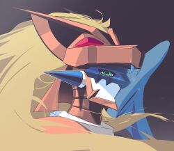 blonde_hair brown_helmet close-up commentary digimon digimon_(creature) duftmon green_eyes hashtag-only_commentary helmet highres long_hair notaventura simple_background solo spikes